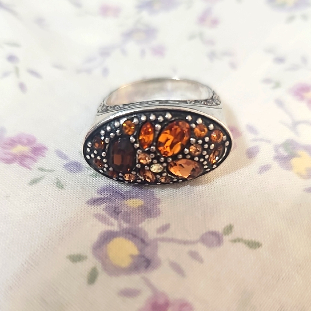 Elegant Brighton Silver With Amber Stones Ring. Size 8